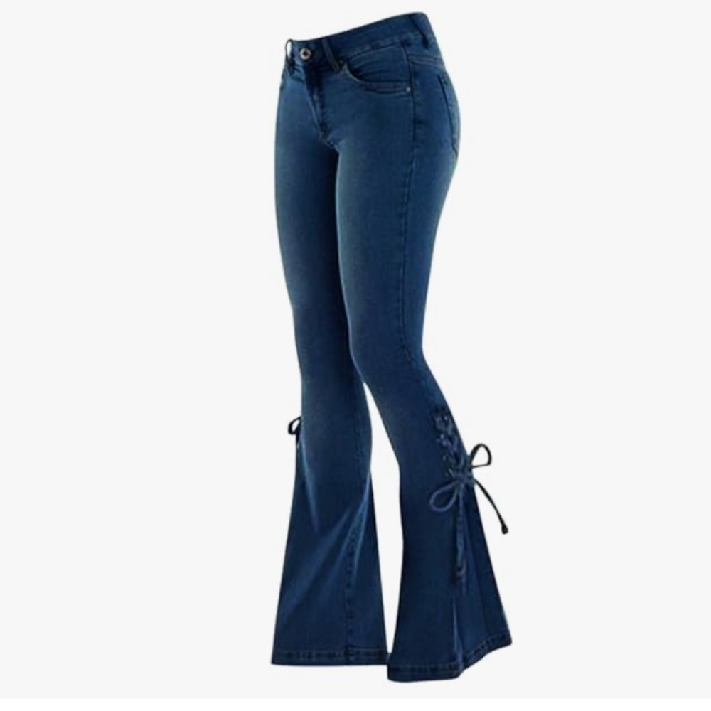 ◾️Y2K Inspired Blue Flare Bell Bottom Jeans with Side Lace Up Ties
